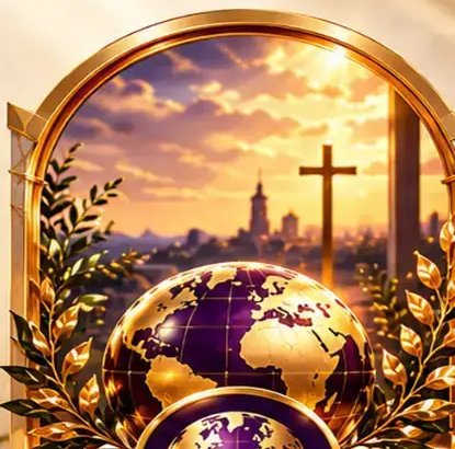 A purple and gold globe before a sunset city skyline with golden leaves