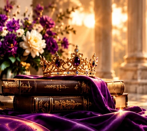 A jeweled gold crown resting on books and purple satin, beside flowers in golden light