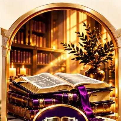 An open Bible on a stack of books with a purple ribbon in a candlelit golden library
