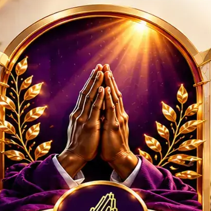 Hands folded in prayer against deep purple satin with golden light and golden leaves