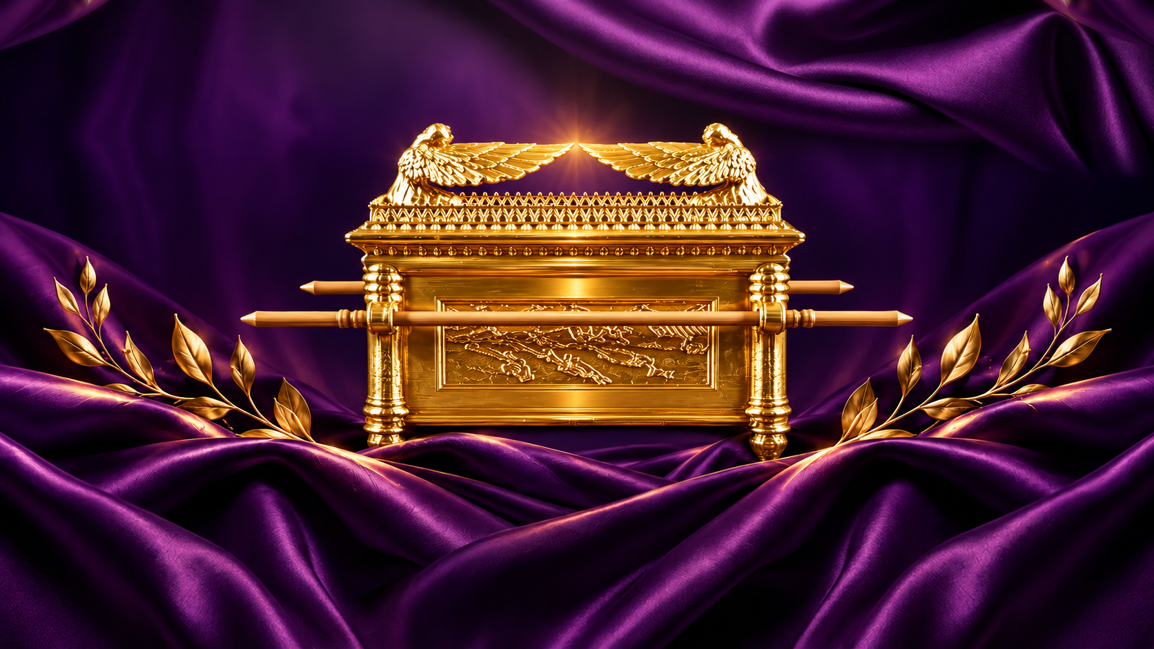 The Ark of the Covenant rendered in gold, resting on deep purple satin with two winged cherubim above it