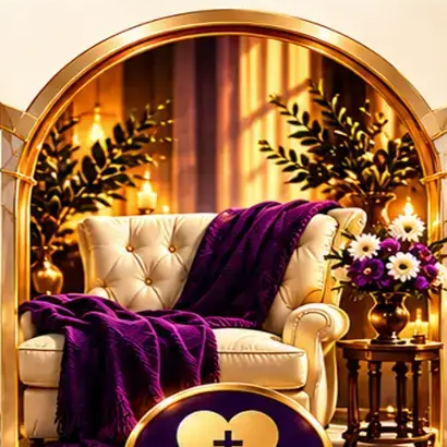 A cream armchair draped with a purple throw beside flowers in warm golden light