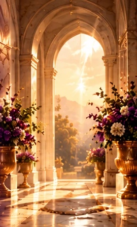 A sunlit golden archway opening toward radiant light, framed by purple and ivory flowers