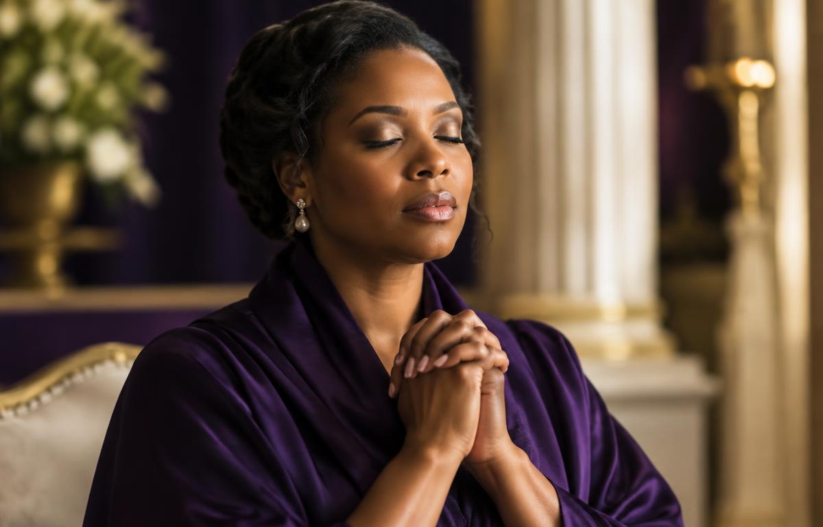 A woman in a deep purple robe, eyes closed in quiet prayer