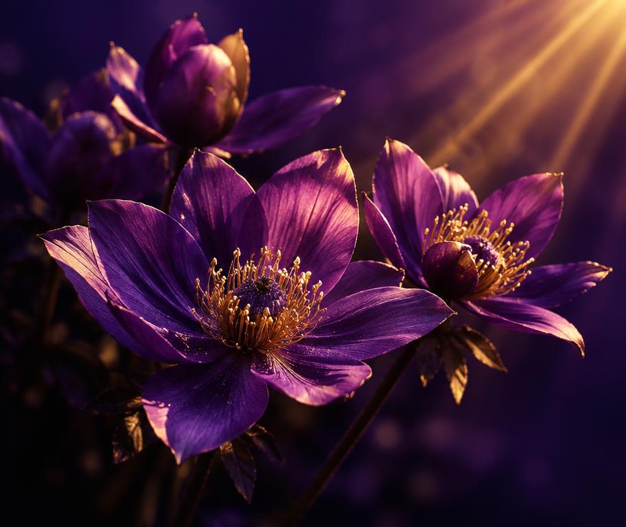 Deep purple flowers in soft golden light