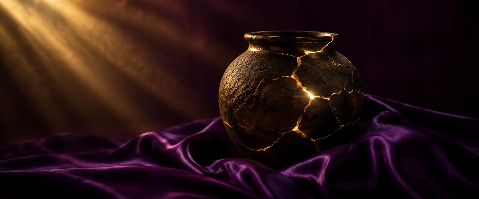 A cracked clay vessel resting on deep purple satin, glowing with golden light